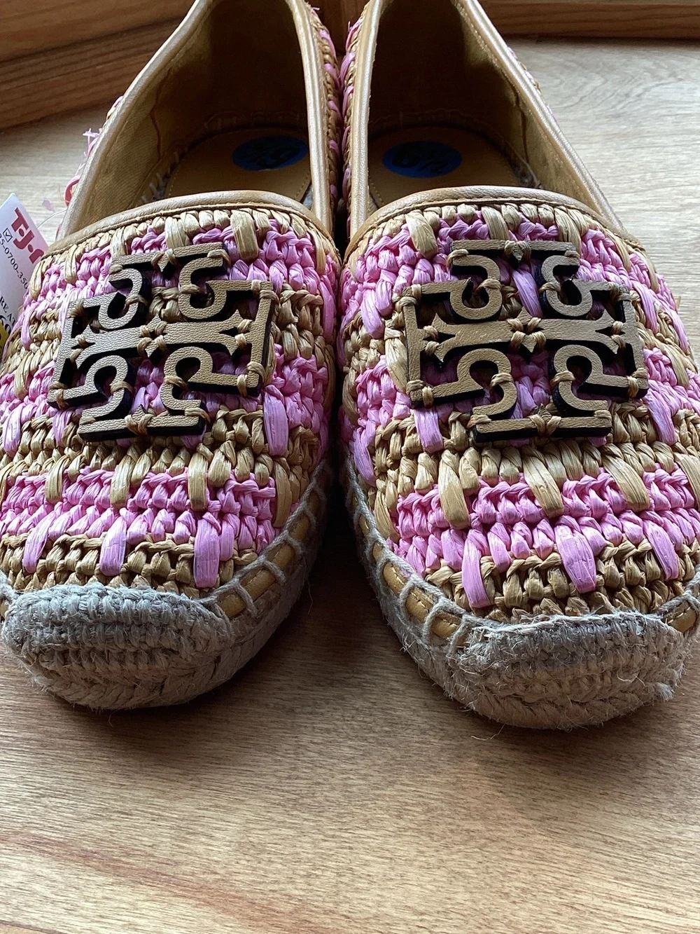 Tory Burch Pink and Natural Woven Espadrille Loafers with Logo Plaque